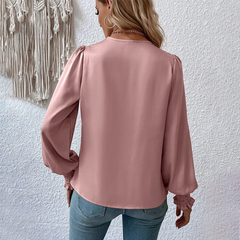 🔥2023 hot sale🔥Women's v-neck lantern sleeve solid color shirt【Buy 2 free shipping】