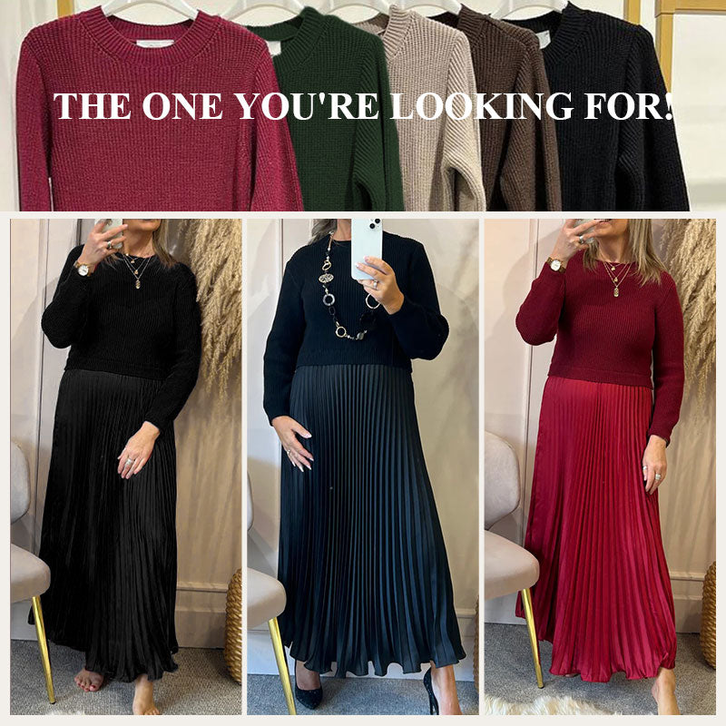 🔥Women's solid color Long Sleeve Jumper & Pleated Bottom Dress