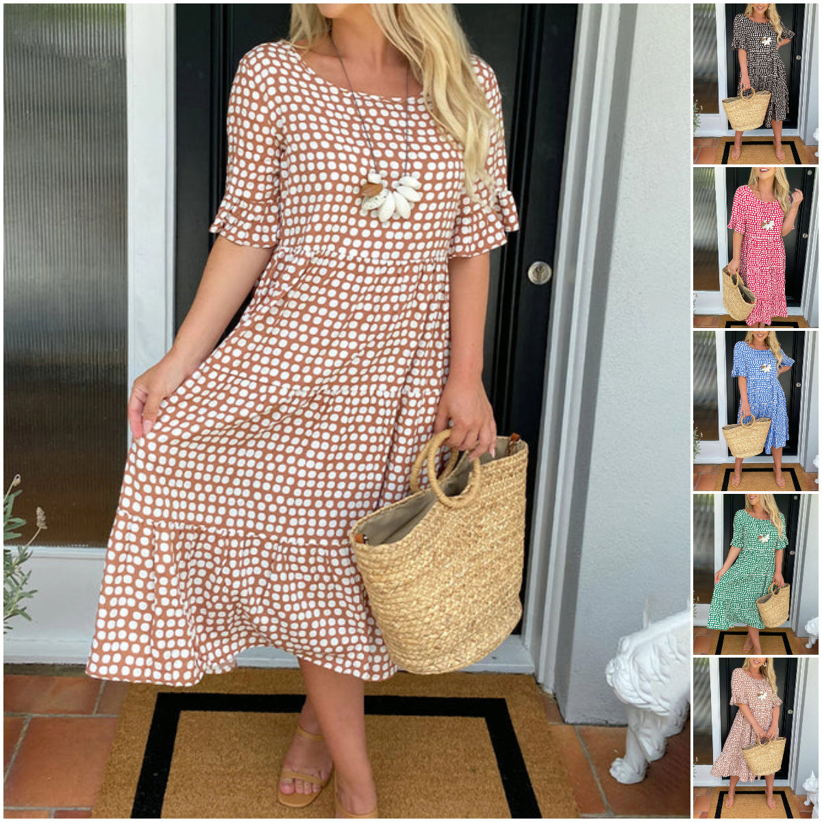 🎁2025 Big Sale💥Round Neck Polka Dot Print Midi Dress