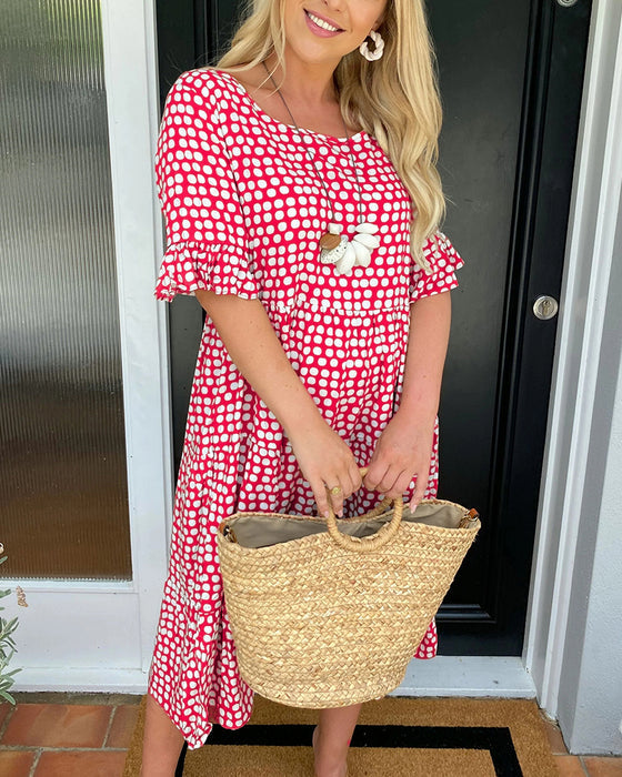 🎁2025 Big Sale💥Round Neck Polka Dot Print Midi Dress