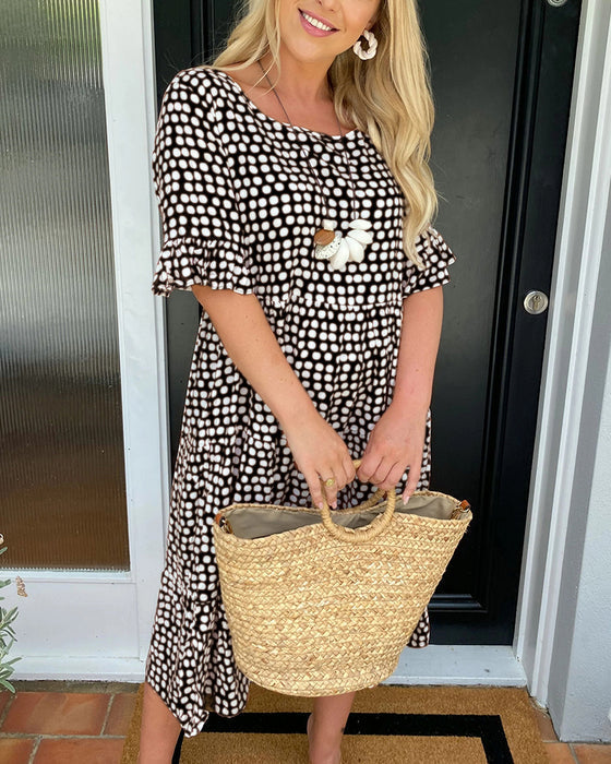 🎁2025 Big Sale💥Round Neck Polka Dot Print Midi Dress