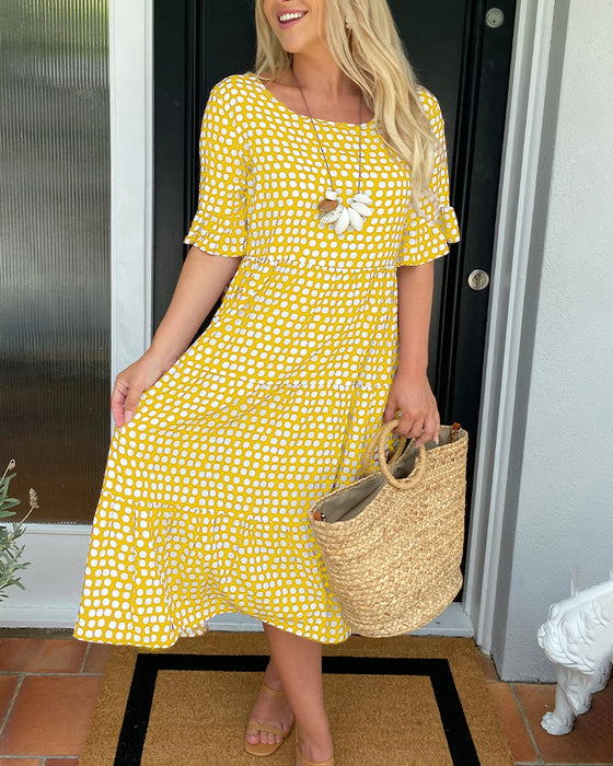 🎁2025 Big Sale💥Round Neck Polka Dot Print Midi Dress
