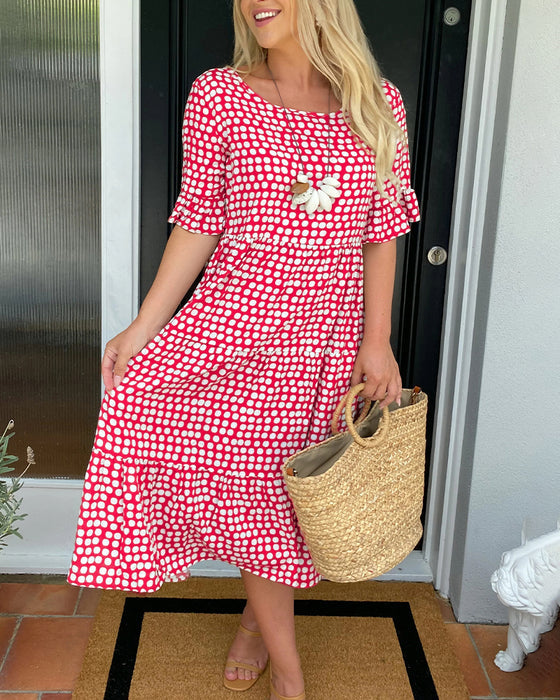 🎁2025 Big Sale💥Round Neck Polka Dot Print Midi Dress