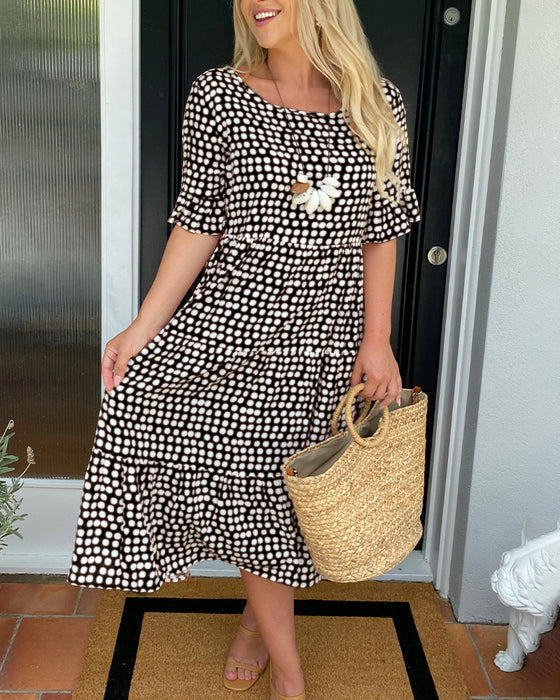 🎁2025 Big Sale💥Round Neck Polka Dot Print Midi Dress