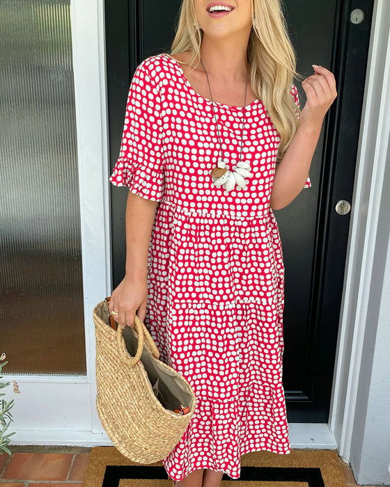 🎁2025 Big Sale💥Round Neck Polka Dot Print Midi Dress