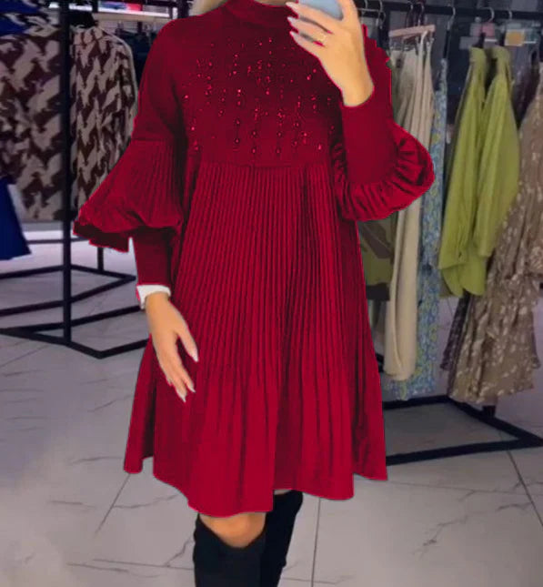 🎁Hot Sale🔥Women's Pleated Black Dress with Lantern Sleeve