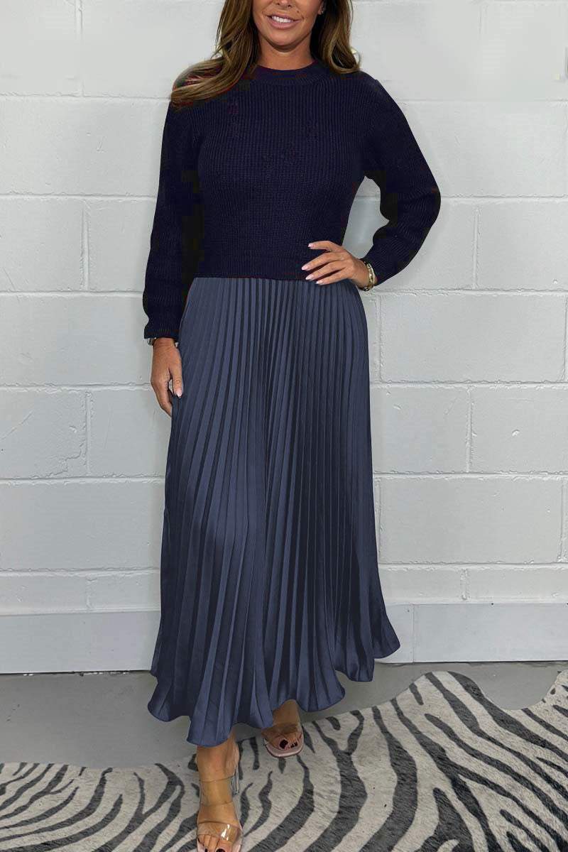 🔥Women's solid color Long Sleeve Jumper & Pleated Bottom Dress