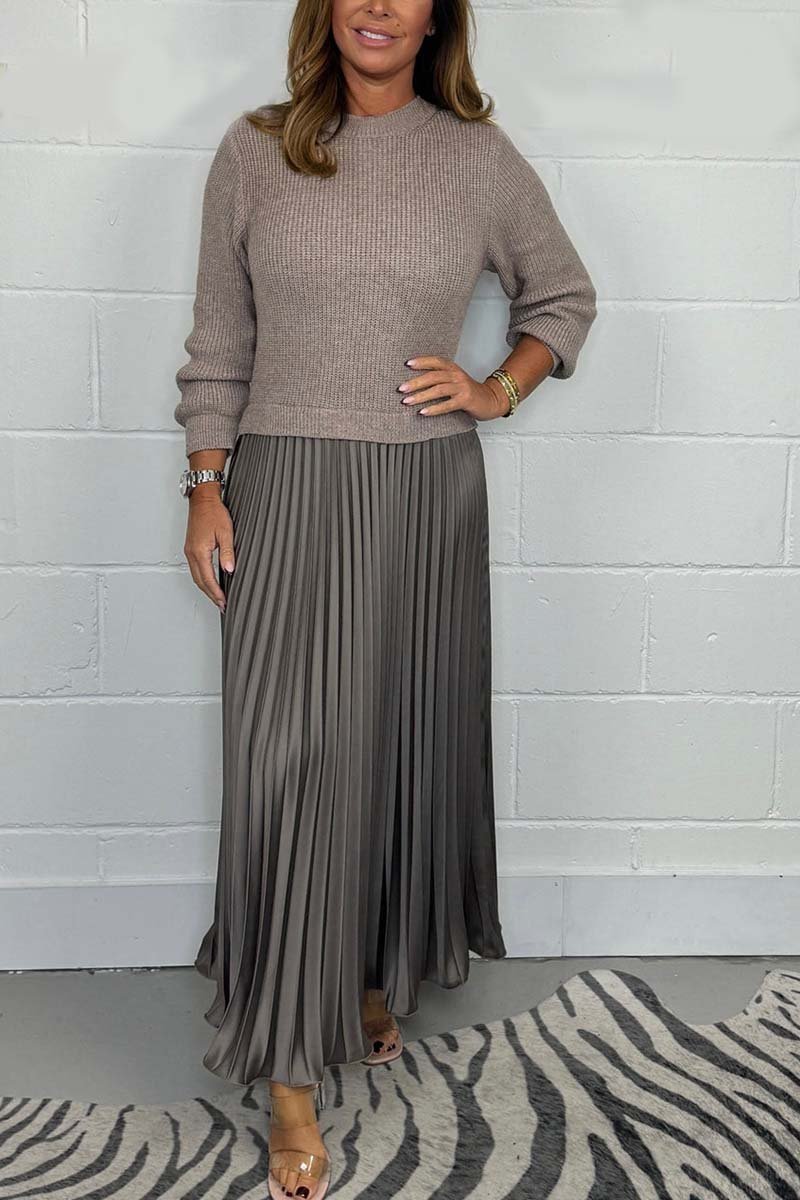🔥Women's solid color Long Sleeve Jumper & Pleated Bottom Dress