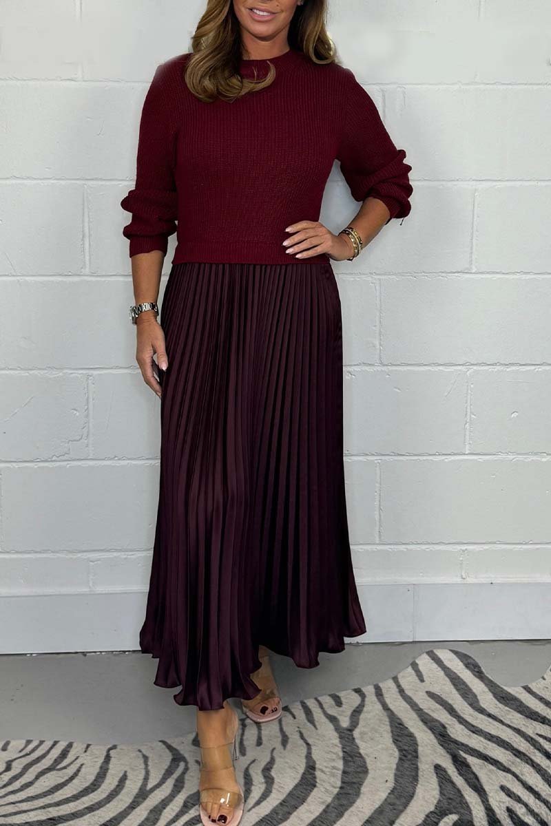🔥Women's solid color Long Sleeve Jumper & Pleated Bottom Dress
