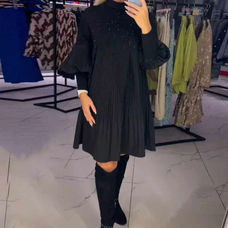 🎁Hot Sale🔥Women's Pleated Black Dress with Lantern Sleeve