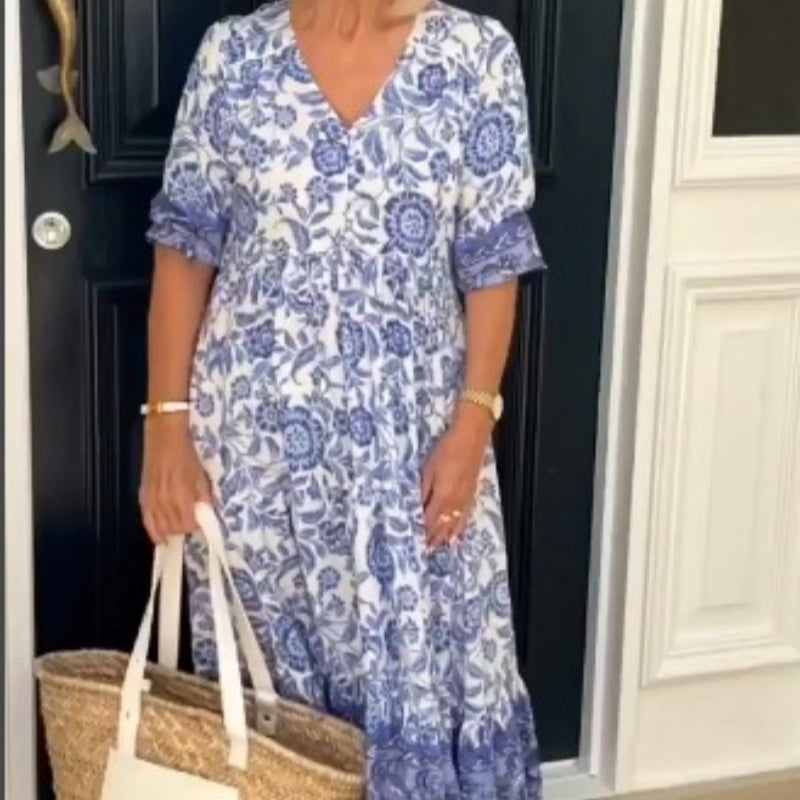 Casual V-neck Short Sleeve Printed Dress