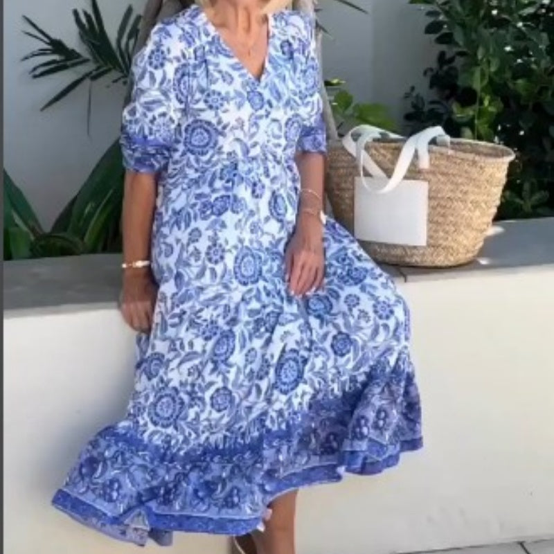 Casual V-neck Short Sleeve Printed Dress