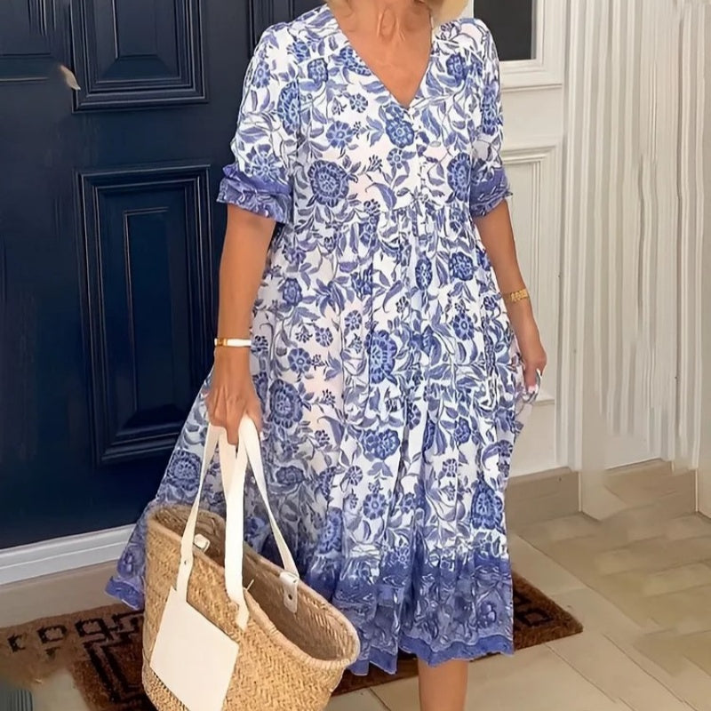 Casual V-neck Short Sleeve Printed Dress