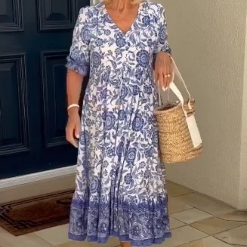 Casual V-neck Short Sleeve Printed Dress