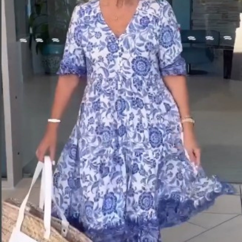 Casual V-neck Short Sleeve Printed Dress