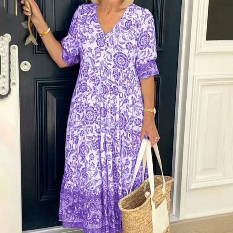 Casual V-neck Short Sleeve Printed Dress