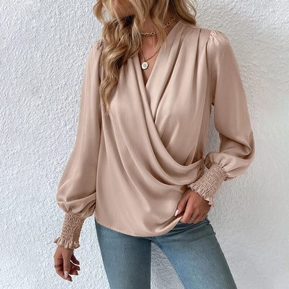 🔥2023 hot sale🔥Women's v-neck lantern sleeve solid color shirt【Buy 2 free shipping】