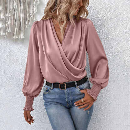 🔥2023 hot sale🔥Women's v-neck lantern sleeve solid color shirt【Buy 2 free shipping】