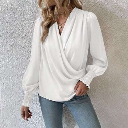 🔥2023 hot sale🔥Women's v-neck lantern sleeve solid color shirt【Buy 2 free shipping】