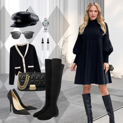 🎁Hot Sale🔥Women's Pleated Black Dress with Lantern Sleeve